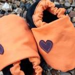 Baby booties, orange and bl..