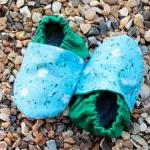 Baby booties, blue and whit..