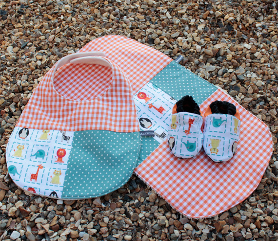 Bib, burp cloth and bootie set