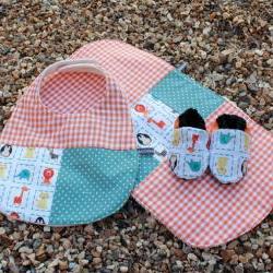 Bib, burp cloth and bootie set