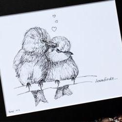 Original art illustrative print, Lovebirds (10" x 12")
